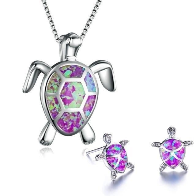 Parure Collier et Boucles d’Oreilles Tortue de Mer en Opale et Argent
