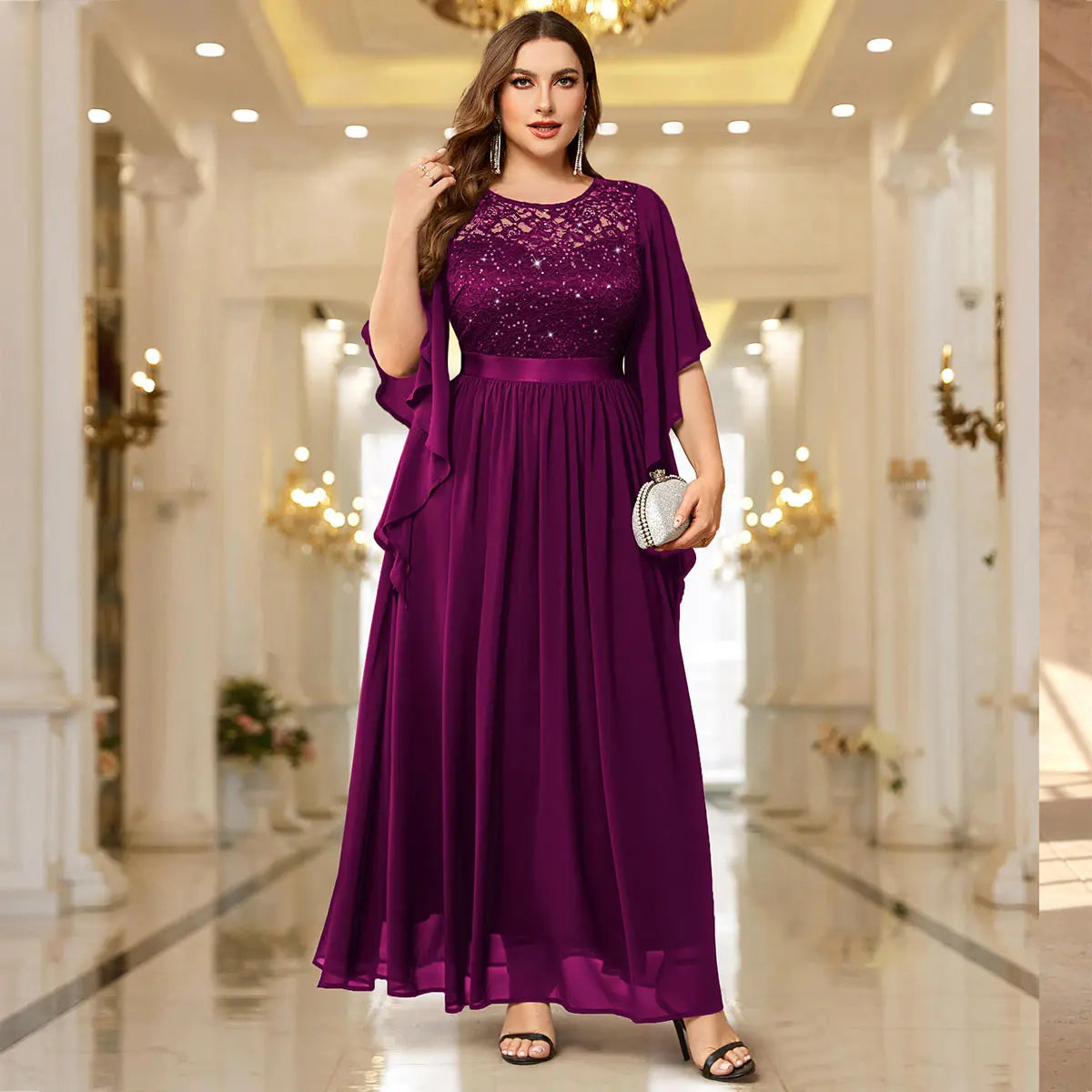 Robe Longue en Mousseline à Sequins – Manches Évasées, Tenue de Soirée