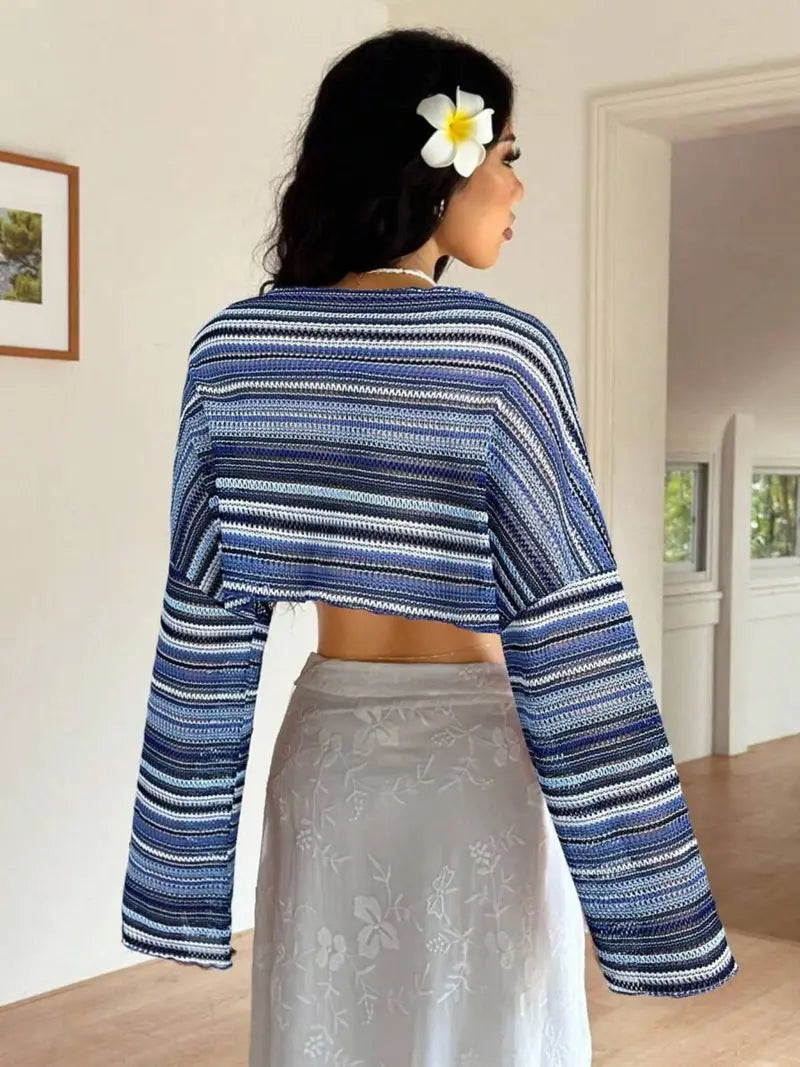 Pull en Maille Rayée Colorée – Texturé à Manches Évasées