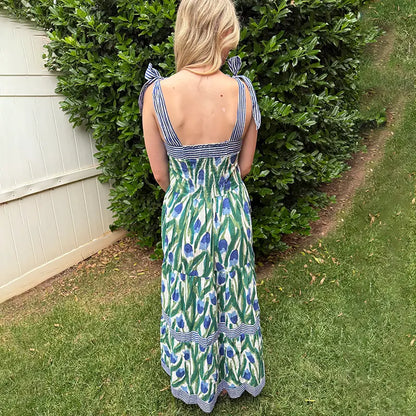 Robe Longue Bohème à Volants Fleurie – Robe d'Été Fluide sans Manches avec Poches