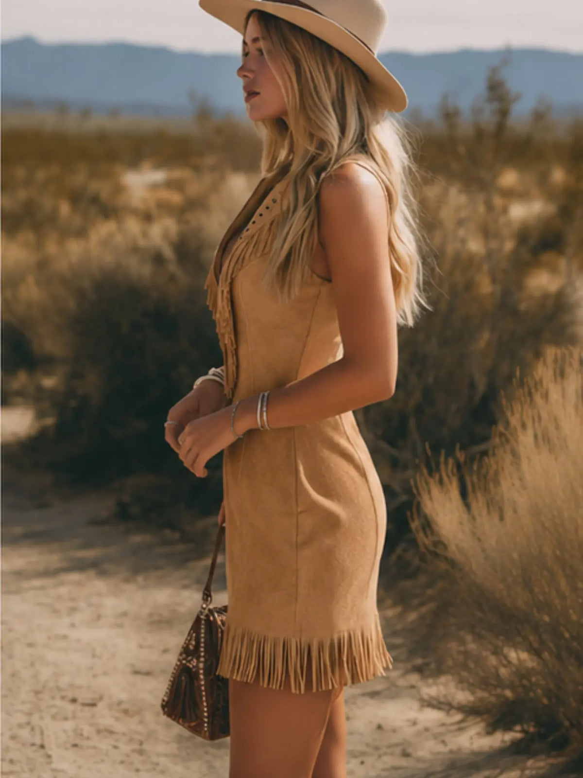 Robe Moulante en Suédine à Franges – Style Western Bohème Zippée