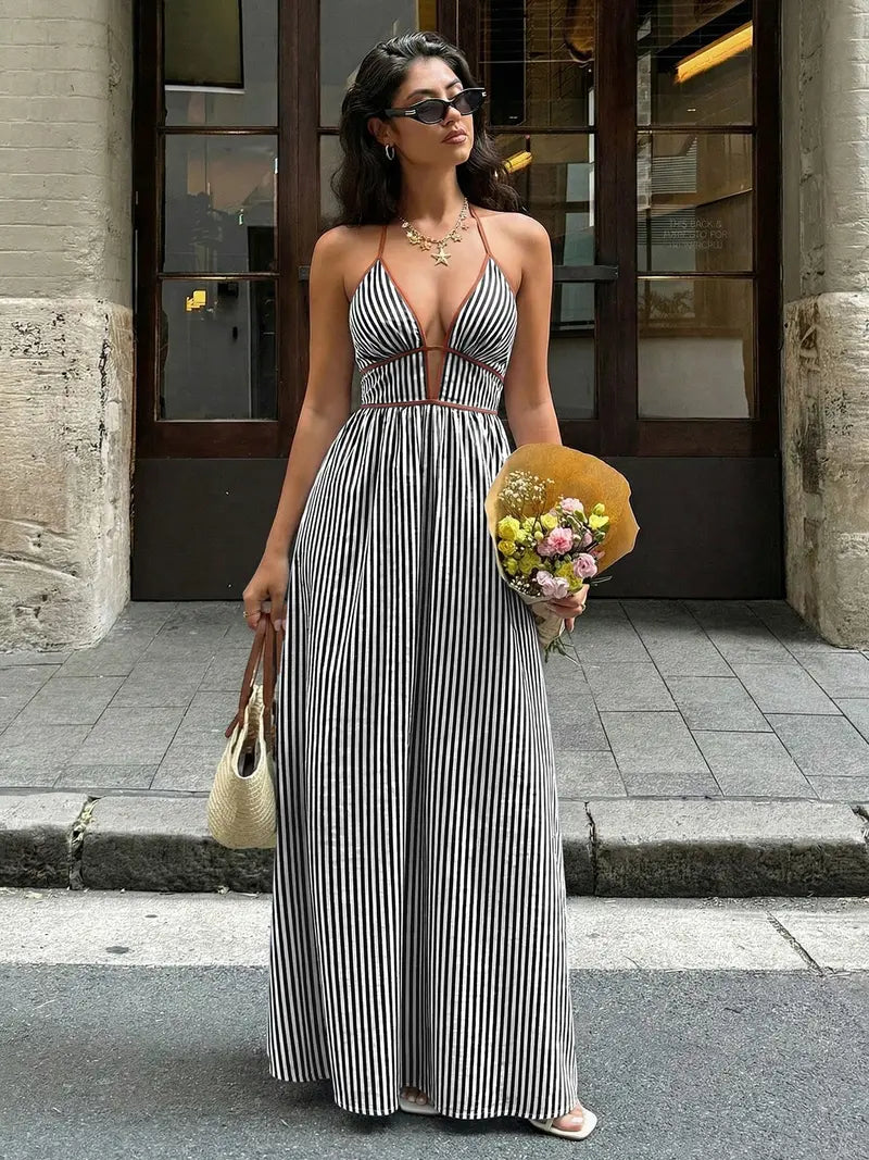 Robe Longue Licou Col V Plongeant – Robe de Soirée Dos Nu