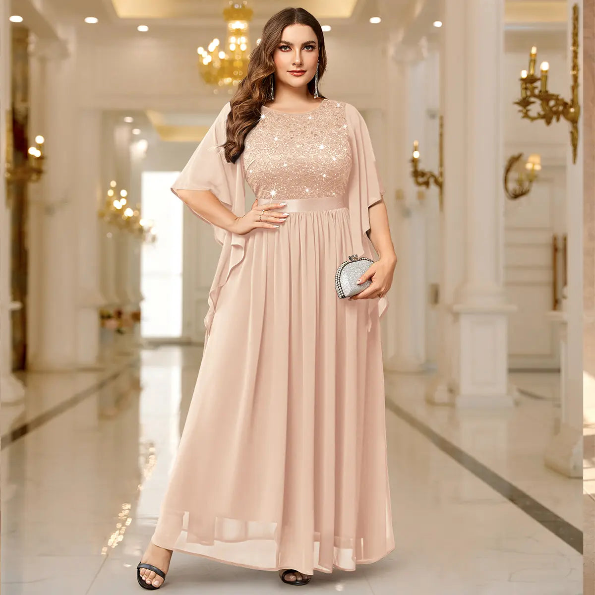 Robe Longue en Mousseline à Sequins – Manches Évasées, Tenue de Soirée