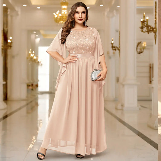 Robe Longue en Mousseline à Sequins – Manches Évasées, Tenue de Soirée