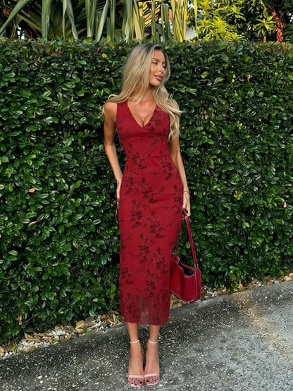 Robe Longue Trapèze en Maille Fleurie – Col V Plongeant Moulant
