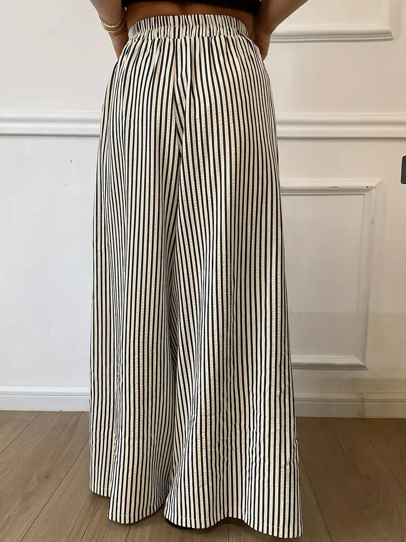 Pantalon Large à Rayures Verticales – Taille Élastique Coupe Ample Décontractée