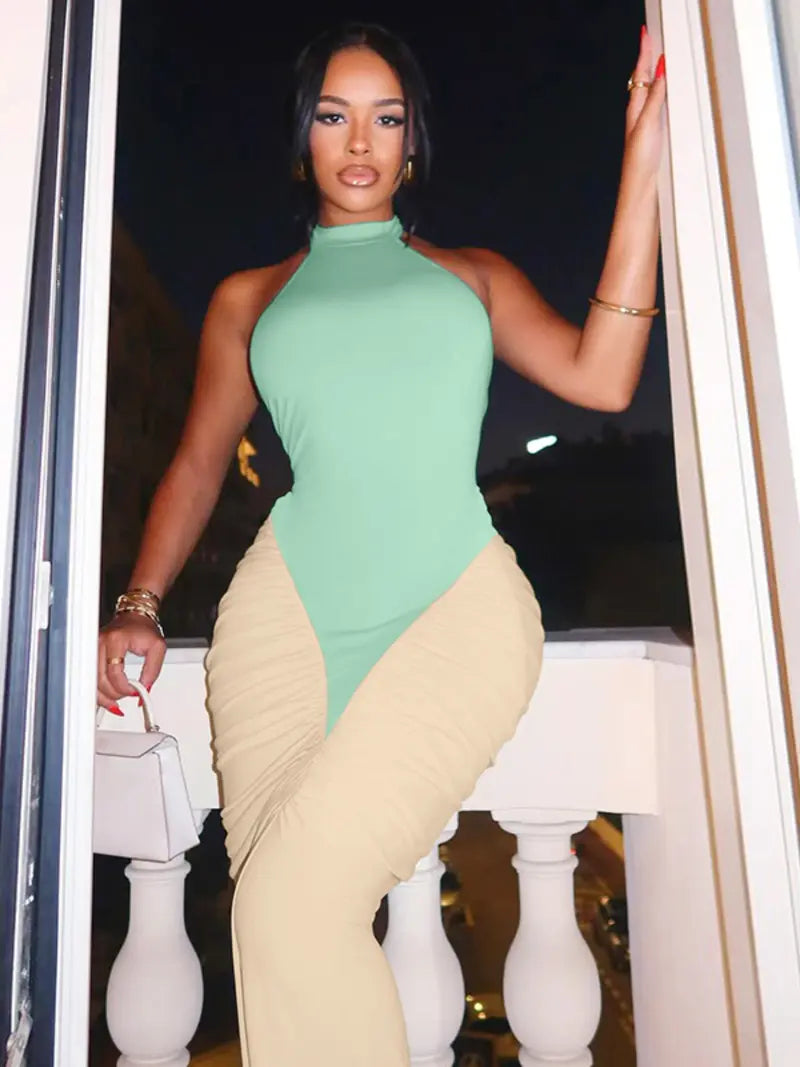 Robe Longue Moulante Color Block – Dos Nu Élégant avec Encolure Licou