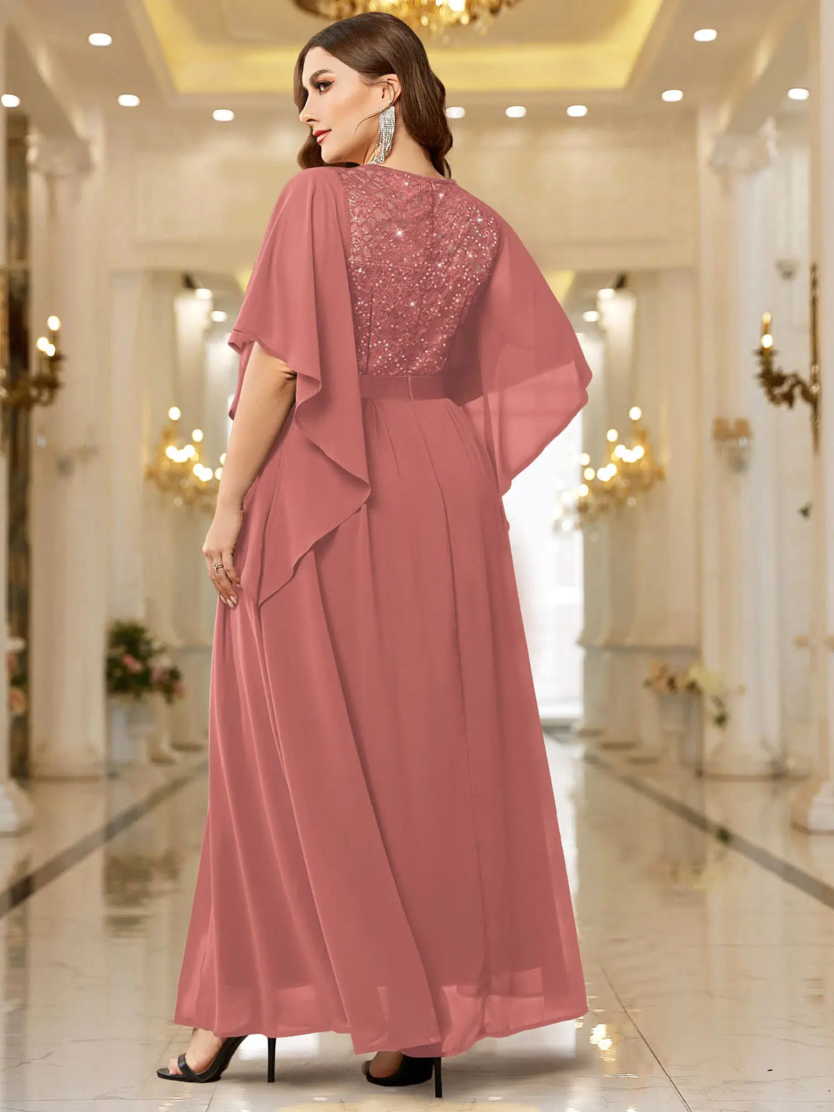 Robe Longue en Mousseline à Sequins – Manches Évasées, Tenue de Soirée