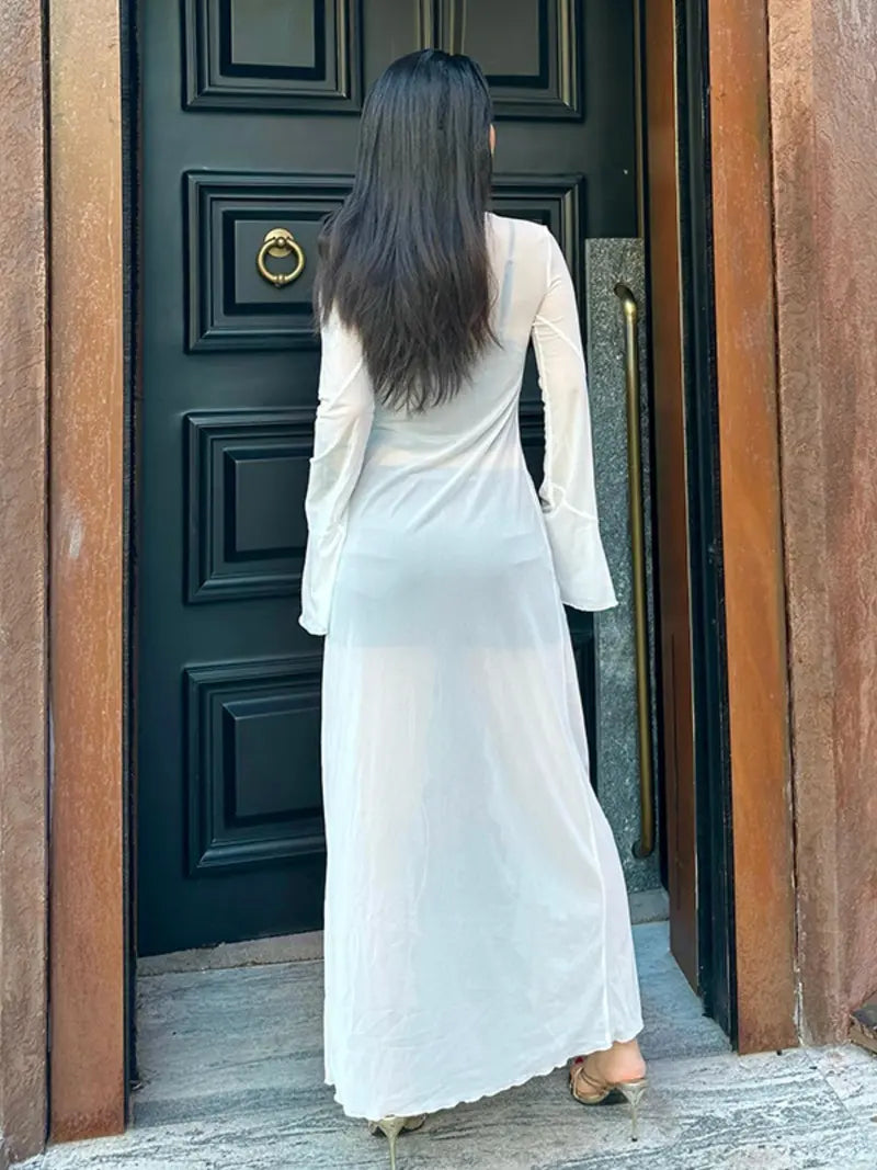 Long Gilet en Maille Transparente – Volants et Nouage sur le Devant