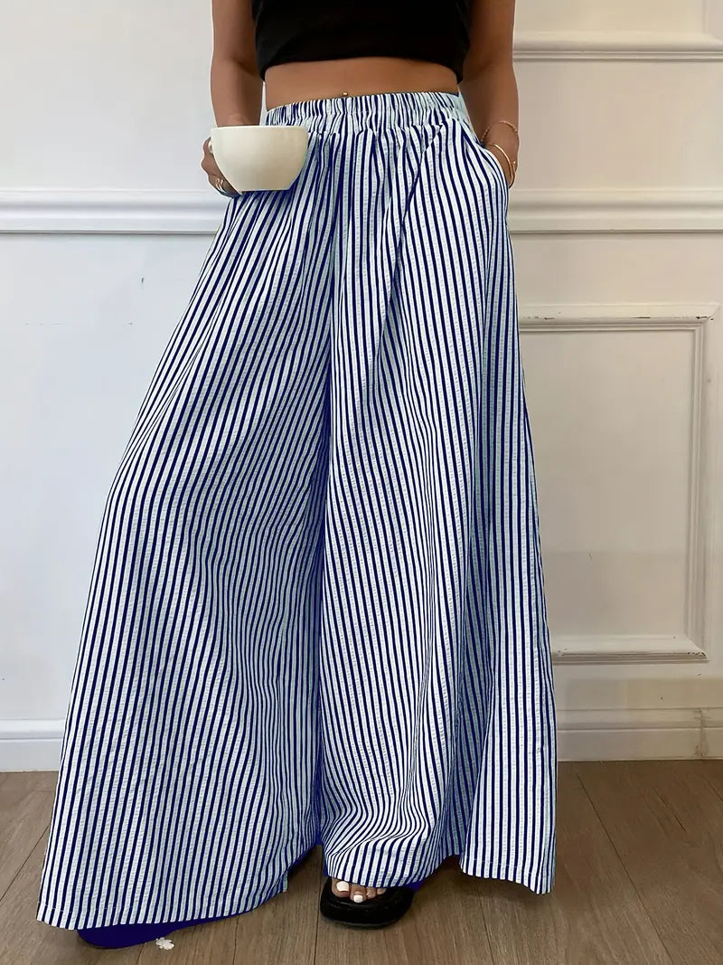Pantalon Large à Rayures Verticales – Taille Élastique Coupe Ample Décontractée