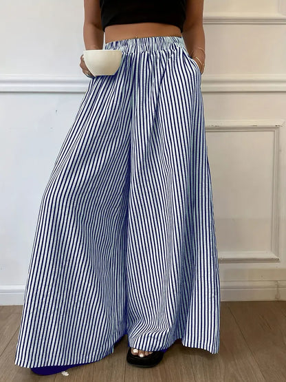 Pantalon Large à Rayures Verticales – Taille Élastique Coupe Ample Décontractée