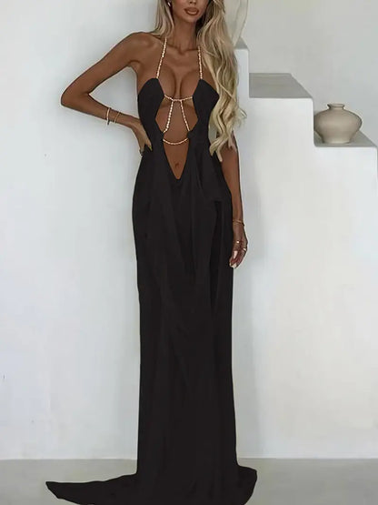 Robe Longue Dos Nu en Maille Patchwork – Robe de Soirée à Découpes