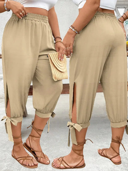 Pantalon Corsaire Large – Taille Élastique avec Fentes Latérales et Nœuds