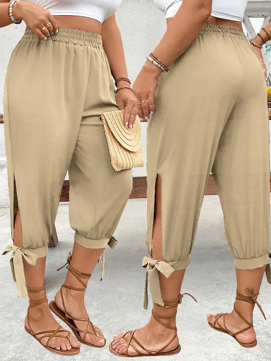 Pantalon Corsaire Large – Taille Élastique avec Fentes Latérales et Nœuds