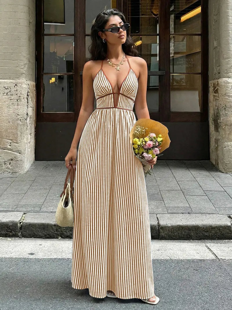 Robe Longue Licou Col V Plongeant – Robe de Soirée Dos Nu