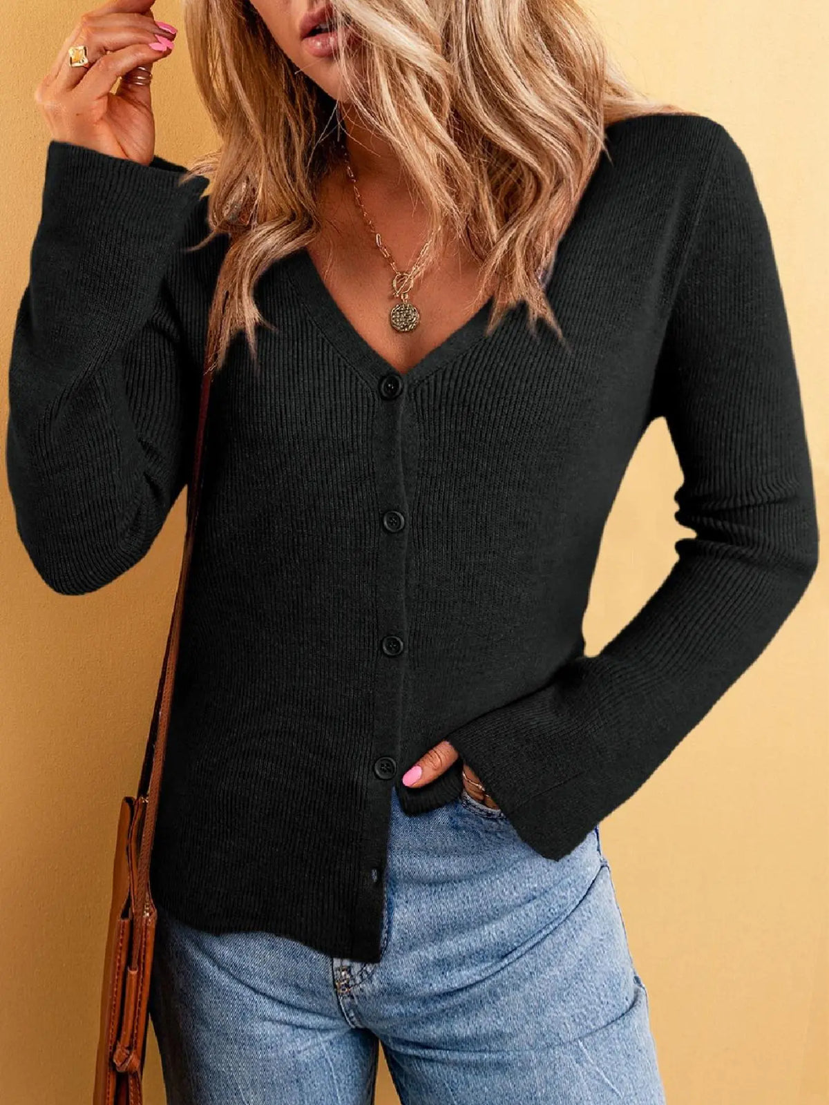 Gilet Basique Col V – Cardigan en Maille à Manches Longues