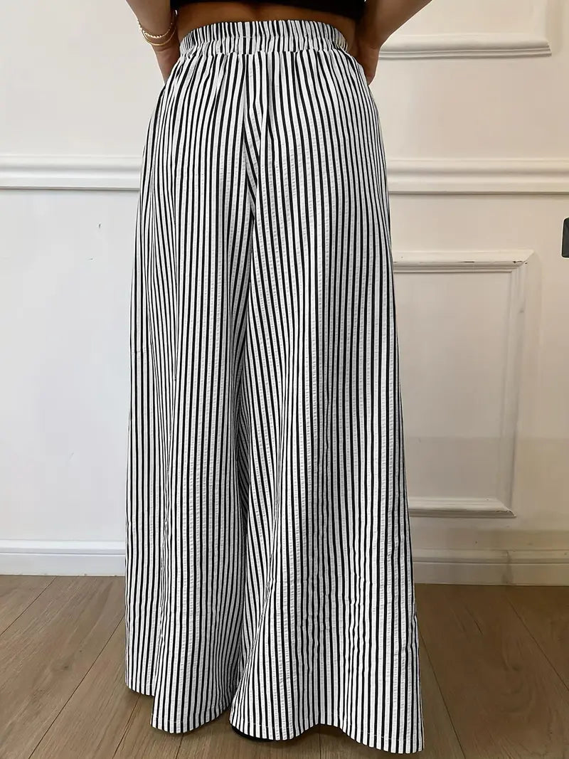 Pantalon Large à Rayures Verticales – Taille Élastique Coupe Ample Décontractée