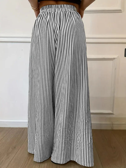 Pantalon Large à Rayures Verticales – Taille Élastique Coupe Ample Décontractée