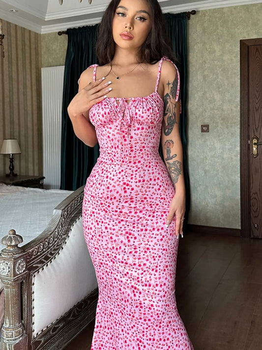 Robe Longue Sirène Fleurie Dos Nu – Bretelles à Nouer, Coupe Moulante