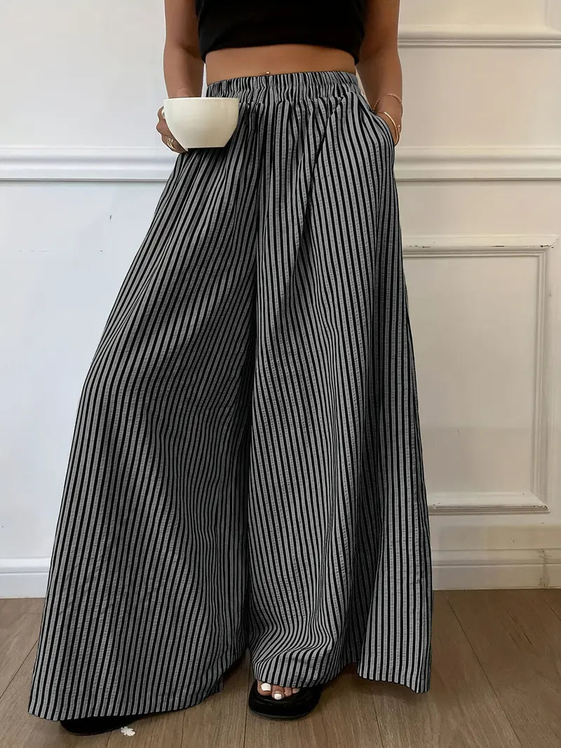Pantalon Large à Rayures Verticales – Taille Élastique Coupe Ample Décontractée