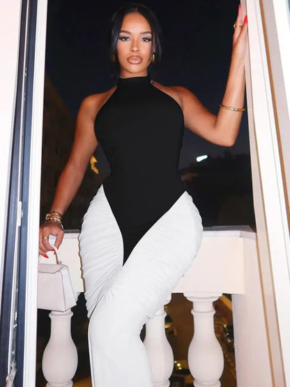 Robe Longue Moulante Color Block – Dos Nu Élégant avec Encolure Licou