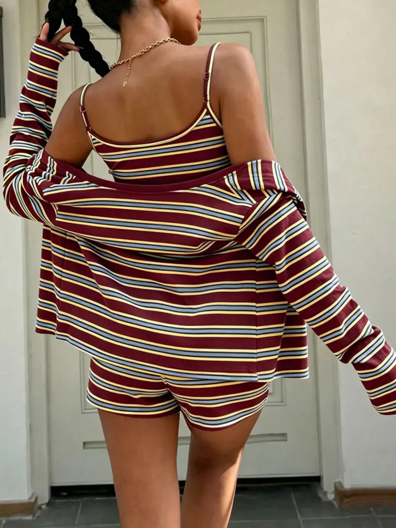 Ensemble 3 Pièces en Maille Rayée – Débardeur, Veste et Short Décontractés
