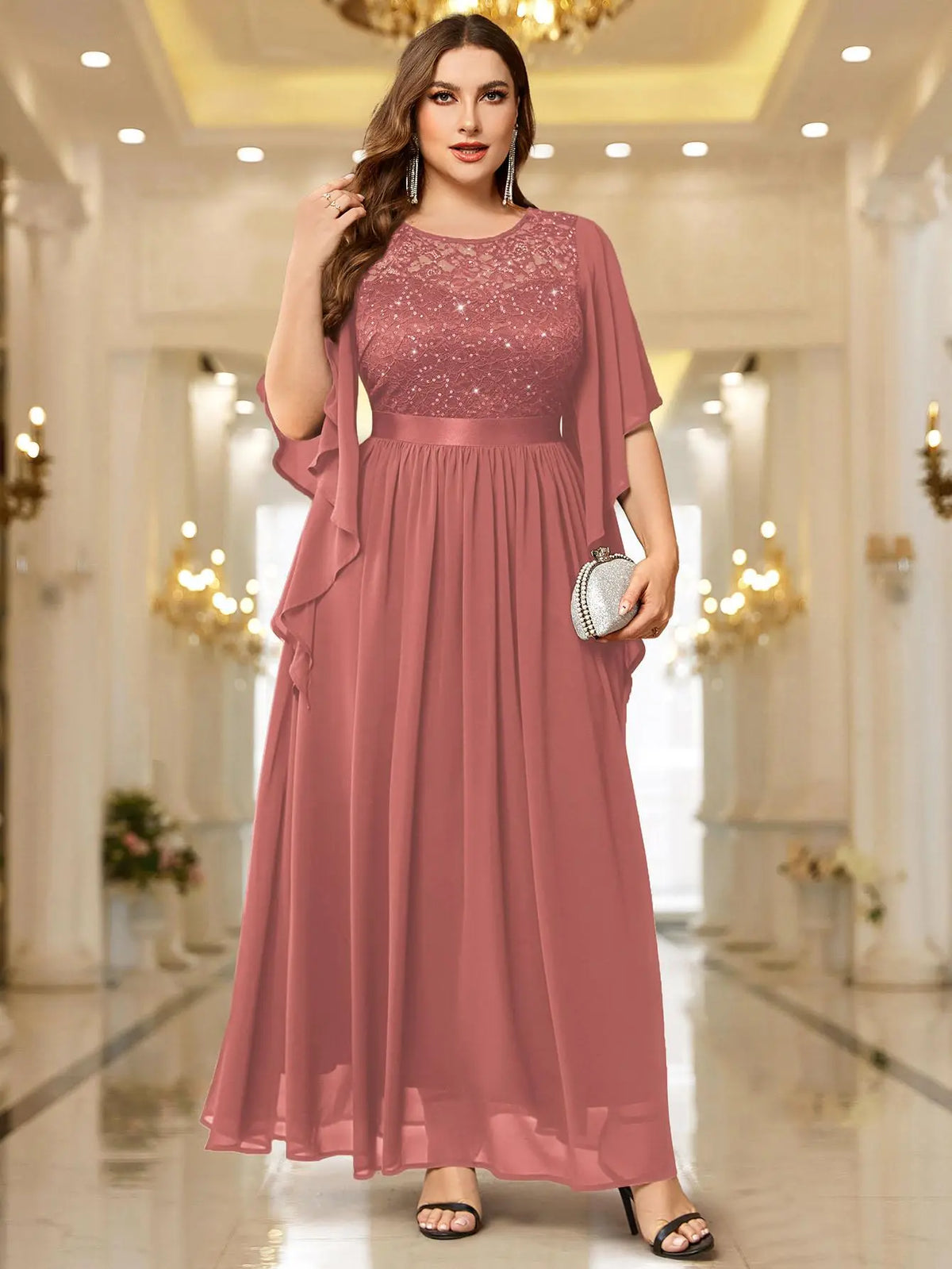 Robe Longue en Mousseline à Sequins – Manches Évasées, Tenue de Soirée