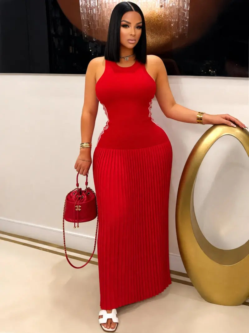 Robe Longue Plissée sans Manches – Coupe Ajustée Style Débardeur