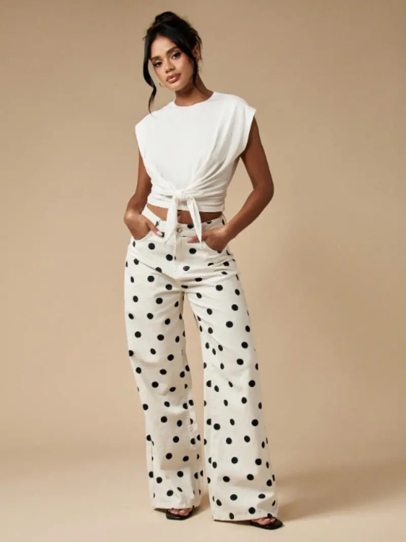 Pantalon Large à Pois Abstraits – Taille Haute Bohème avec Poches
