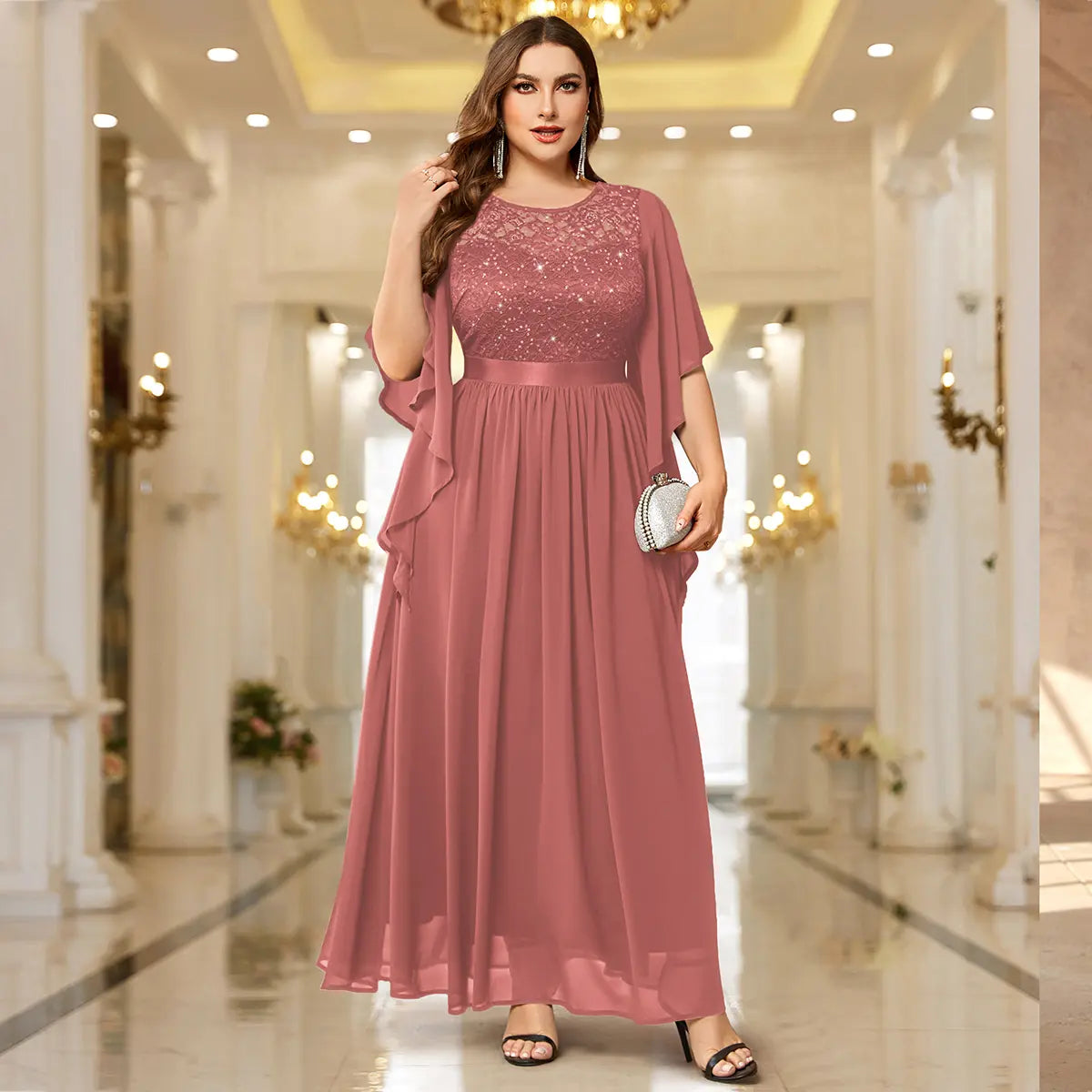 Robe Longue en Mousseline à Sequins – Manches Évasées, Tenue de Soirée
