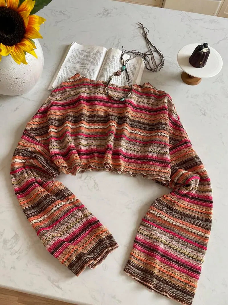 Pull en Maille Rayée Colorée – Texturé à Manches Évasées