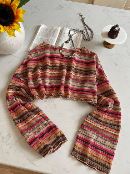 Pull en Maille Rayée Colorée – Texturé à Manches Évasées