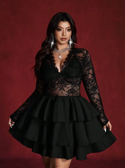Robe en Dentelle – Robe de Soirée Col V Plongeant à Taille Cintrée