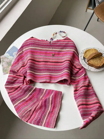 Pull en Maille Rayée Colorée – Texturé à Manches Évasées