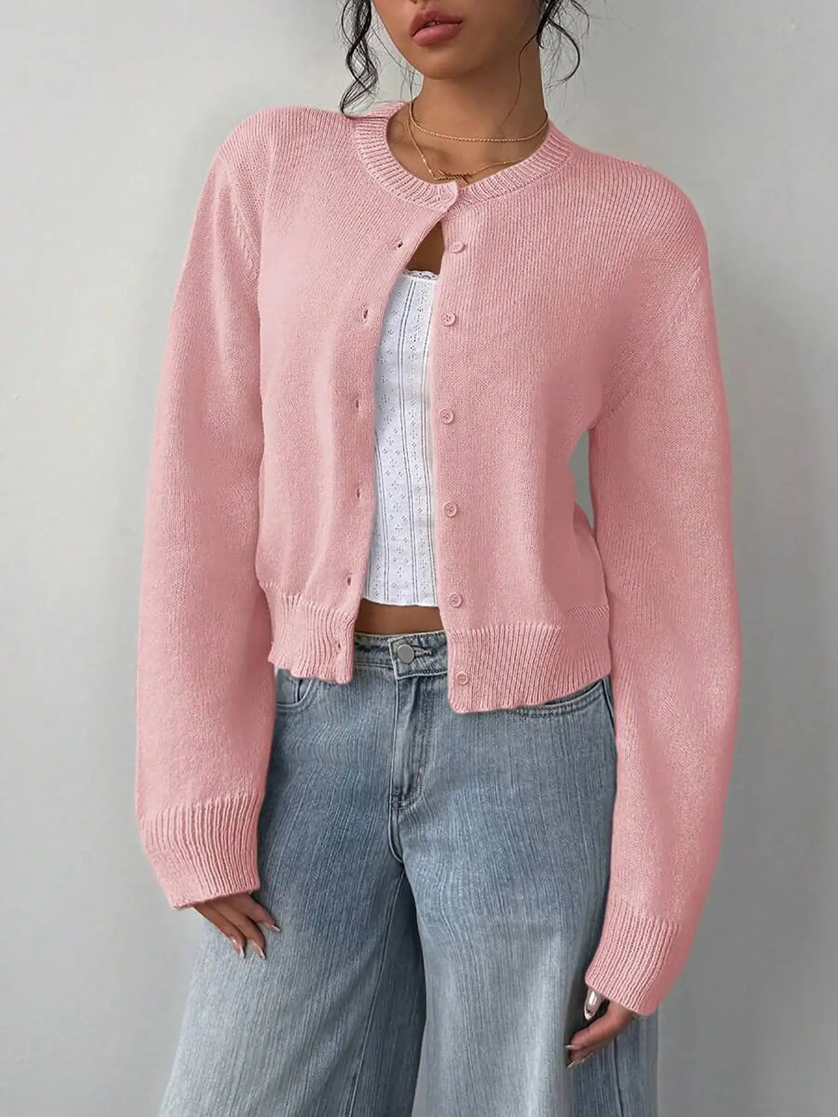 Gilet Boutonné en Maille – Cardigan Ajusté à Manches Longues