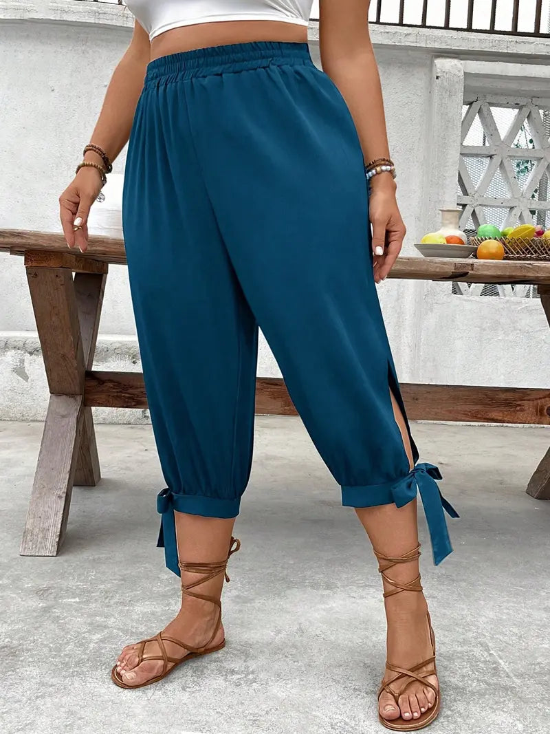 Pantalon Corsaire Large – Taille Élastique avec Fentes Latérales et Nœuds
