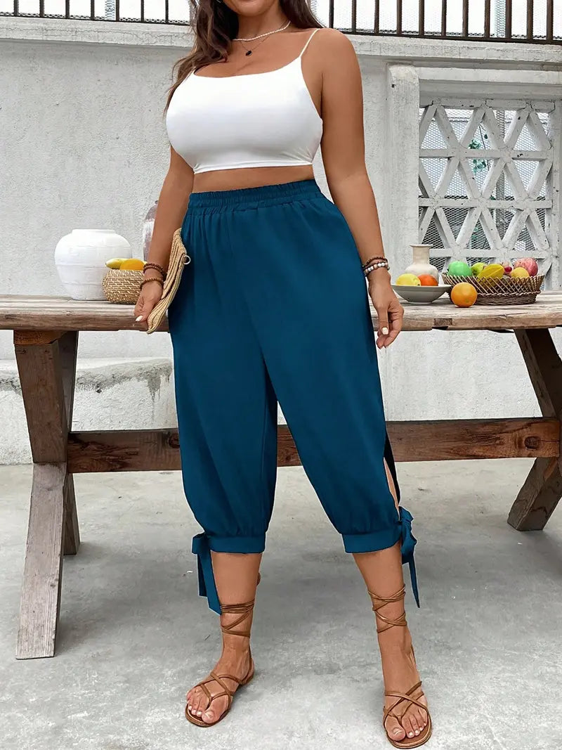 Pantalon Corsaire Large – Taille Élastique avec Fentes Latérales et Nœuds