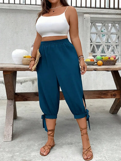 Pantalon Corsaire Large – Taille Élastique avec Fentes Latérales et Nœuds