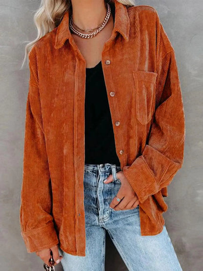 Chemise en Velours Côtelé Boutonnée – Coupe Oversize à Manches Longues