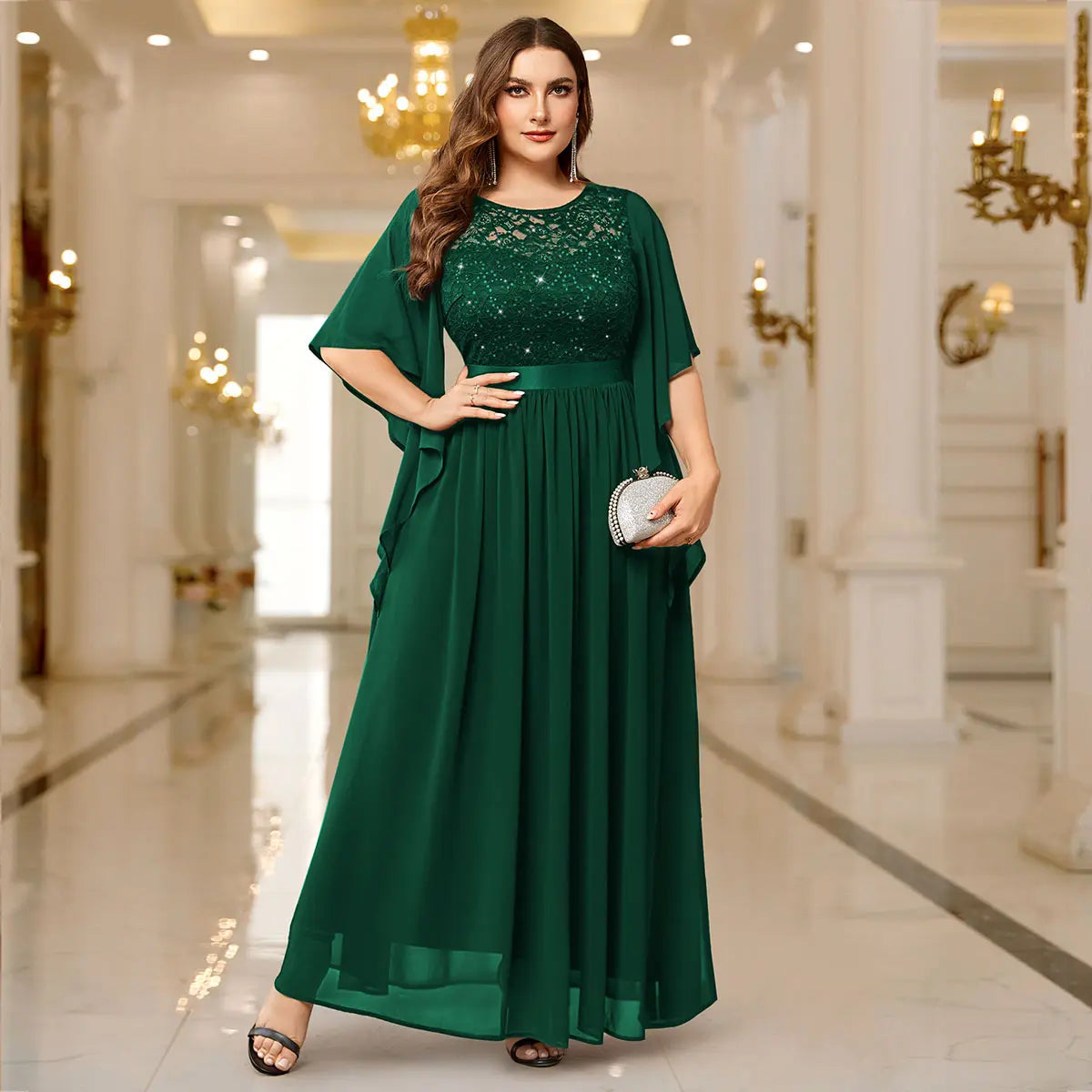 Robe Longue en Mousseline à Sequins – Manches Évasées, Tenue de Soirée