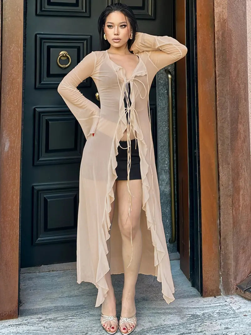 Long Gilet en Maille Transparente – Volants et Nouage sur le Devant