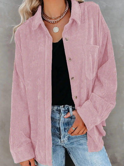 Chemise en Velours Côtelé Boutonnée – Coupe Oversize à Manches Longues