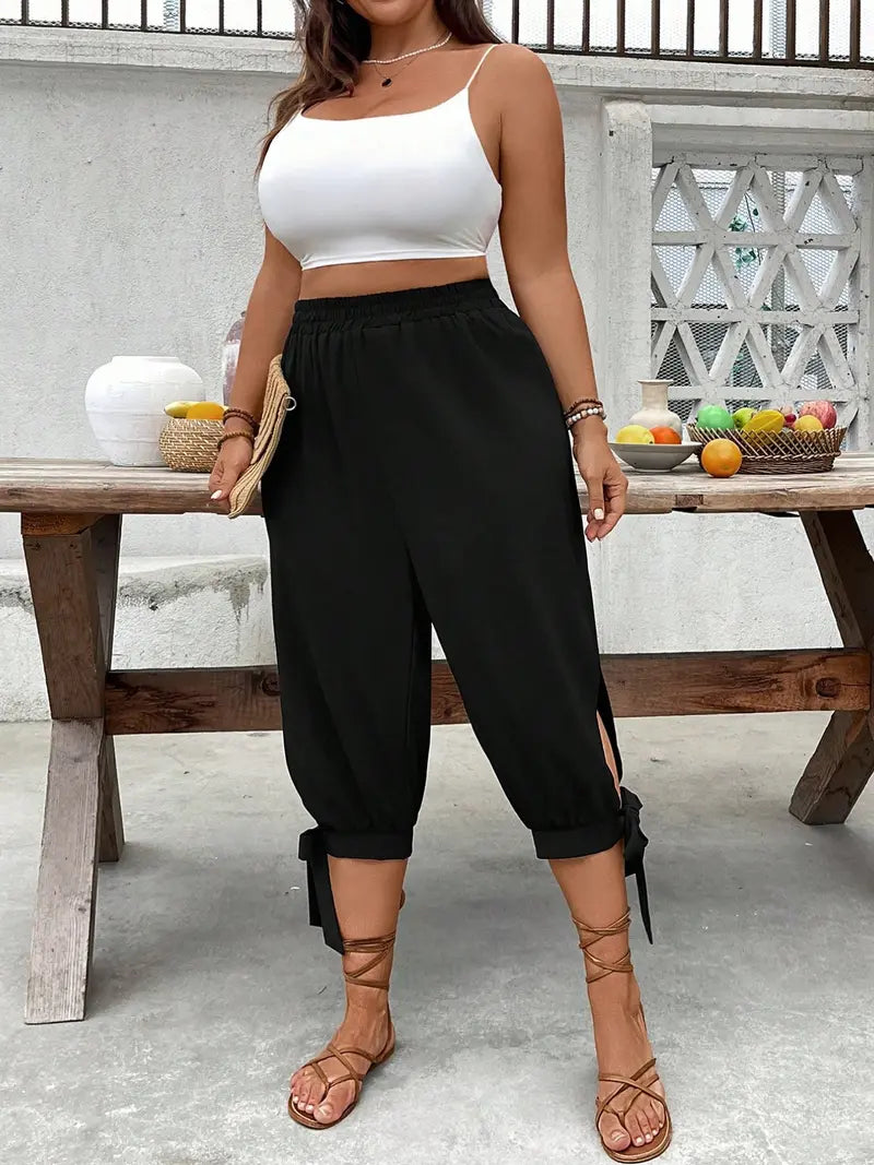 Pantalon Corsaire Large – Taille Élastique avec Fentes Latérales et Nœuds
