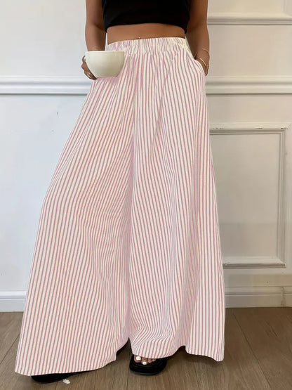 Pantalon Large à Rayures Verticales – Taille Élastique Coupe Ample Décontractée