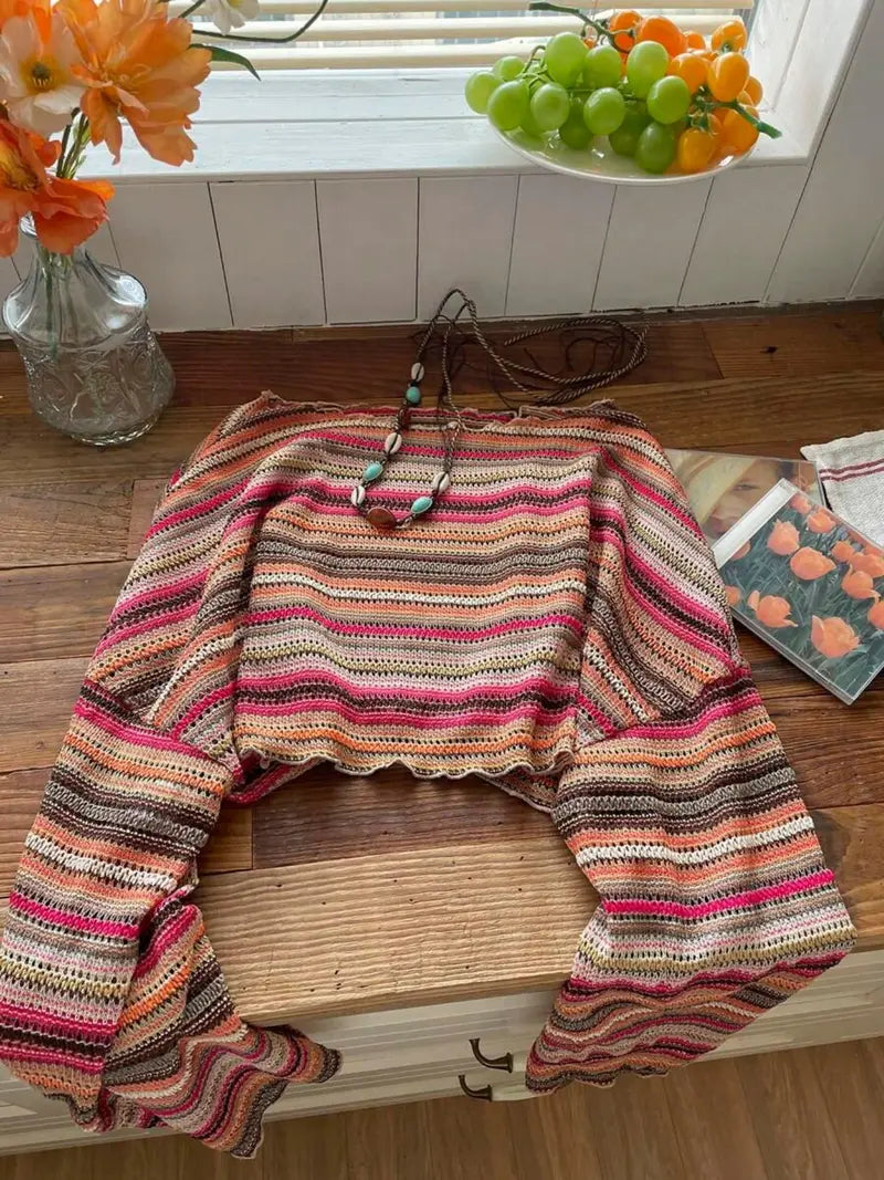 Pull en Maille Rayée Colorée – Texturé à Manches Évasées
