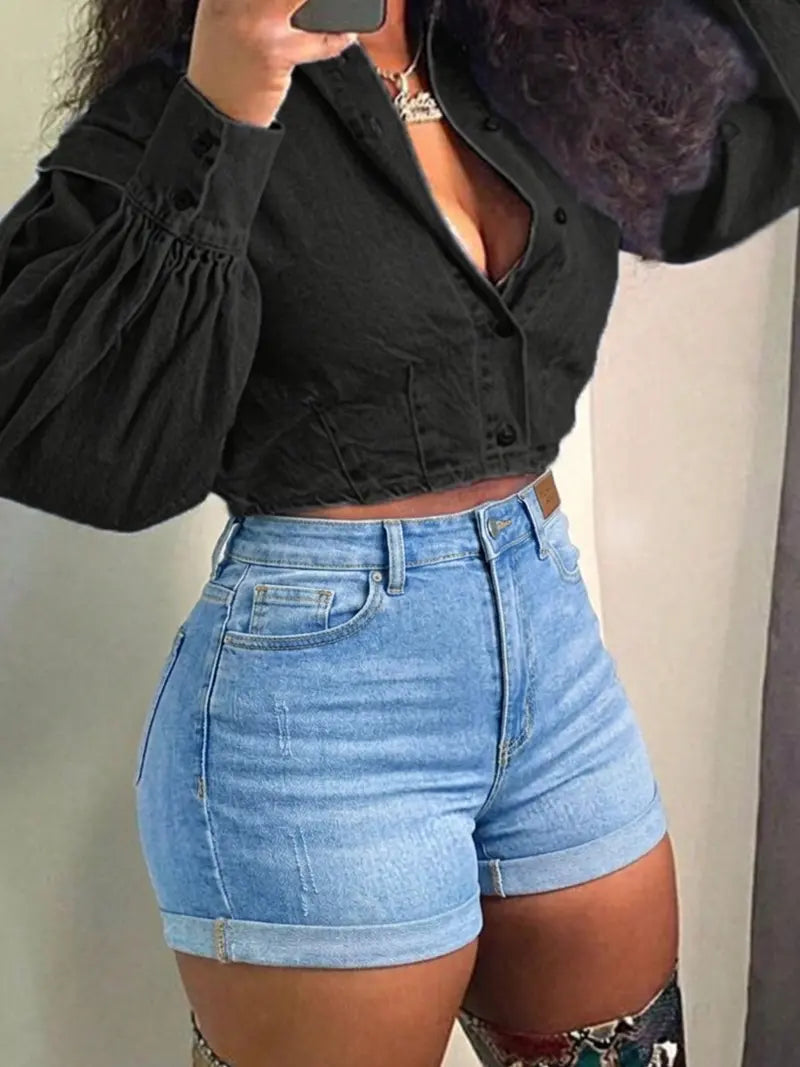 Short en Jean Délavé Clair – Stretch à Ourlet Revers pour l'Été