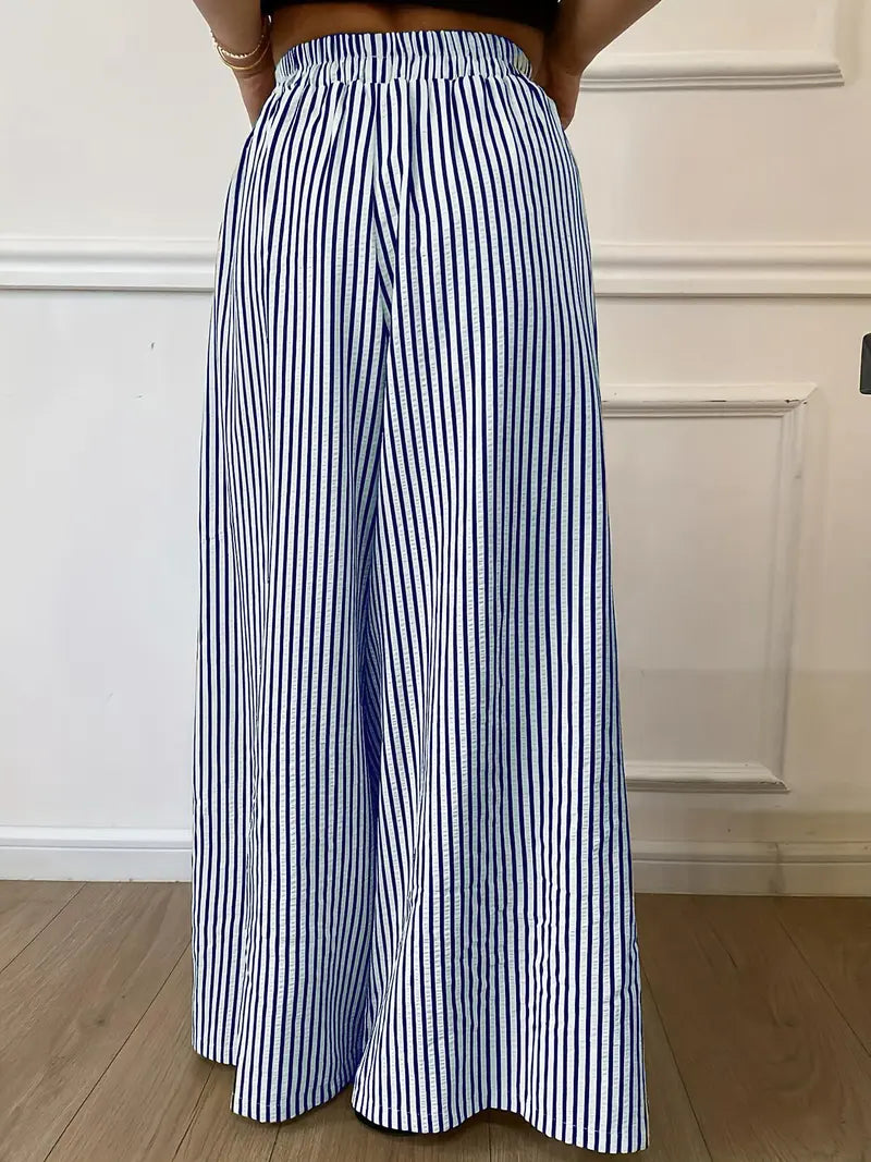 Pantalon Large à Rayures Verticales – Taille Élastique Coupe Ample Décontractée