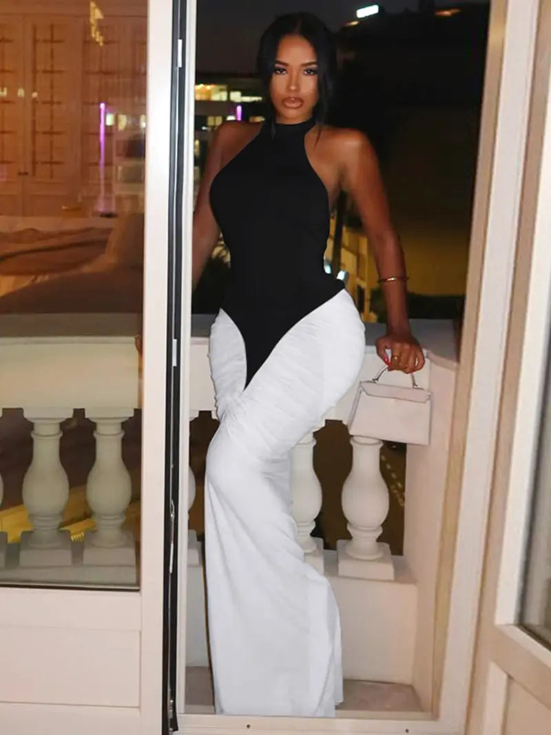 Robe Longue Moulante Color Block – Dos Nu Élégant avec Encolure Licou