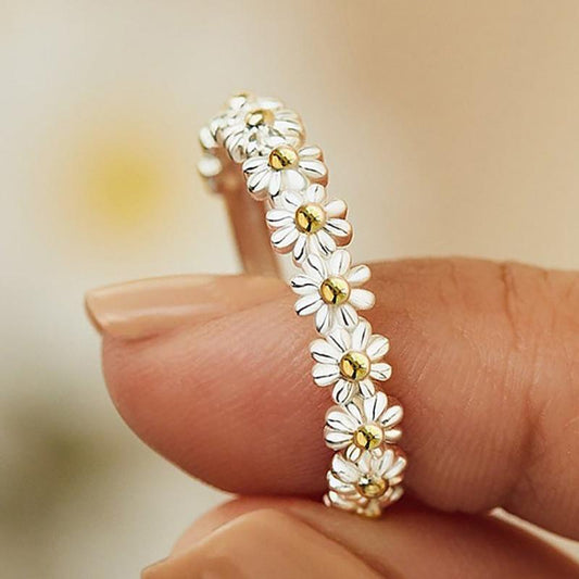 Bague Ajustable en Argent avec Marguerite en Émail Peint à la Main