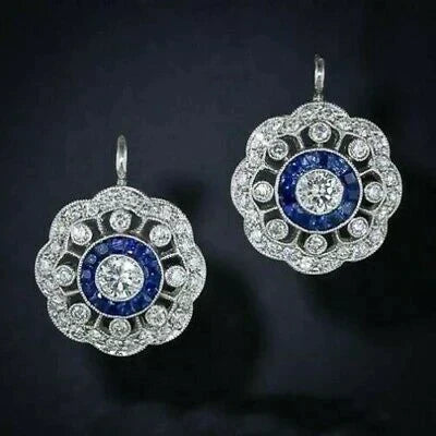 Boucles d’Oreilles Vintage Mandala Serties de Zircons Bleus